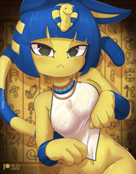 Size: 1121x1435 | Tagged: suggestive, artist:rilexlenov, ankha (animal crossing), cat, feline, mammal, anthro, animal crossing, nintendo, 2024, areola, bedroom eyes, belly button, braless, breasts, clothes, detailed background, digital art, ears, eyelashes, female, fur, hair, looking at you, nudity, see-through, solo, solo female, sweat, tail, thighs, wet, wet clothes, wide hips
