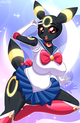 Size: 832x1280 | Tagged: safe, artist:alfa995, usagi tsukino (sailor moon), eeveelution, fictional species, mammal, umbreon, anthro, nintendo, pokémon, sailor moon, 2024, big breasts, black nose, bottomwear, breasts, clothes, colored sclera, cosplay, digital art, ears, evening gloves, eyelashes, female, fur, gloves, legwear, leotard, long gloves, looking at you, open mouth, red sclera, simple background, skirt, solo, solo female, stockings, tail, thighs, tongue, wide hips