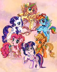 Size: 768x966 | Tagged: safe, artist:dariarchangel, applejack (mlp), fluttershy (mlp), pinkie pie (mlp), rainbow dash (mlp), rarity (mlp), twilight sparkle (mlp), crystal pony, earth pony, equine, fictional species, mammal, pegasus, pony, unicorn, feral, friendship is magic, hasbro, my little pony, 2024, bandaid, bandaid on nose, bracelet, female, floral head wreath, flower, friendship bracelet, glasses, goggles, goggles on head, group, horn, jewelry, mane six (mlp), mare, plant, redesign, redraw, spread wings, wings