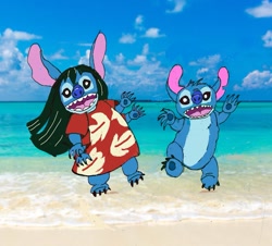 Size: 1307x1181 | Tagged: safe, artist:barmybritishbird, lilo pelekai (lilo & stitch), stitch (lilo & stitch), oc, oc:lilo pelekai (experiment), alien, experiment (lilo & stitch), fictional species, anthro, disney, lilo & stitch, 4 arms, 4 fingers, 4 toes, beach, blue body, blue fur, blue paw pads, clothes, dress, duo, ears, female, fur, male, muumuu, open mouth, open smile, paw pads, photo background, smiling, torn ear, young