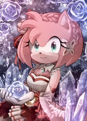 Size: 850x1172 | Tagged: safe, artist:scruffiberri, amy rose (sonic), hedgehog, mammal, sega, sonic the hedgehog (series), 2024, bottomwear, braid, clothes, dress, female, film grain, flower, flower in hair, fur, gloves, gold bracelet, green eyes, hair, hair accessory, jewelry, lips, looking at you, pink body, pink fur, plant, rose, smiling, solo, solo female