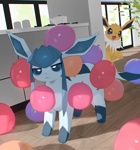 Size: 814x870 | Tagged: safe, artist:cco00oo, eeveelution, fictional species, glaceon, jolteon, mammal, feral, nintendo, pokémon, 2024, ambiguous gender, ambiguous only, balloon, detailed background, duo, duo ambiguous, fluff, indoors, looking at you, neck fluff, standing, unamused