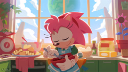 Size: 1440x810 | Tagged: safe, artist:uno yuuji, official art, amy rose (sonic), classic amy, froggy (sonic), amphibian, frog, hedgehog, mammal, sega, sonic the hedgehog (series), 2023, apron, bowl, clothes, cloud, cloudy, container, cookie, egg, eggs, eyes closed, female, flower, flower pot, food, fur, gloves, green body, green fur, hair, hairband, pink body, pink fur, plant, potted plant, sky, smiling, solo, solo female, stove, whisk, window