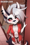 Size: 920x1380 | Tagged: safe, artist:alcor, loona (vivzmind), canine, fictional species, hellhound, mammal, anthro, hazbin hotel, helluva boss, bathrobe, breasts, clothes, collar, female, looking at you, looking up, looking up at you, panties, solo, solo female, spiked collar, tail, underwear