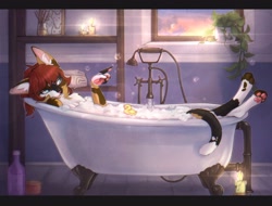 Size: 2048x1559 | Tagged: safe, artist:yshanii, oc, oc only, oc:mearah, cat, feline, mammal, anthro, 2024, bath, bathroom, bathtub, bubble bath, bubbles, candle, clawfoot tub, claws, commission, detailed background, ear fluff, ears, female, flower pot, fluff, fur, multicolored body, multicolored fur, nudity, paw pads, paws, paws in air, relaxing, rubber duck, solo, spots, spotted fur, tail, towel, toy, underpaw, water, window