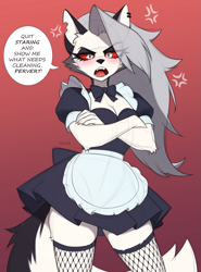 Size: 1329x1800 | Tagged: safe, artist:detra, loona (vivzmind), canine, fictional species, hellhound, mammal, anthro, hazbin hotel, helluva boss, 2024, angry, bedroom eyes, bottomwear, breasts, clothes, crossed arms, dialogue, digital art, dress, ears, eyelashes, female, fishnet, fishnet stockings, fur, hair, legwear, maid outfit, see-through, simple background, solo, solo female, speech bubble, stockings, tail, talking, talking to viewer, text, thighs, unamused, wide hips