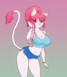 Size: 1750x2000 | Tagged: safe, artist:scorpdk, oc, oc only, cat, feline, mammal, anthro, 2024, belly button, bottomwear, breasts, clothes, crop top, digital art, ears, eyelashes, female, fur, hair, midriff, shorts, simple background, solo, solo female, sports bra, sports shorts, tail, thighs, topwear, wide hips