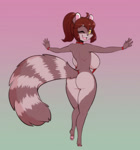 Size: 1852x1989 | Tagged: suggestive, artist:scorpdk, oc, oc only, canine, mammal, raccoon dog, anthro, digitigrade anthro, 2024, big breasts, bikini, breasts, butt, clothes, digital art, ears, eyelashes, female, fur, hair, one eye closed, open mouth, paw pads, paws, rear view, rearboob, simple background, sling bikini, solo, solo female, swimsuit, tail, thighs, tongue, wedgie, wide hips