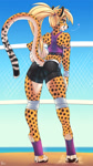 Size: 605x1075 | Tagged: safe, artist:fluff-kevlar, oc, oc only, cheetah, feline, mammal, anthro, digitigrade anthro, 2017, beach, blonde hair, bottomwear, breasts, butt, clothes, commission, detailed background, digital art, ears, eyelashes, female, fur, hair, legwear, looking at you, looking back, looking back at you, orange body, orange fur, outdoors, paws, rear view, shorts, sideboob, solo, solo female, sports bra, sports shorts, spots, spotted fur, stockings, tail, thighs, topwear, wide hips