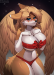 Size: 1257x1724 | Tagged: safe, artist:lunarii, oc, oc only, canine, hybrid, mammal, wolf, anthro, 2024, belly button, bikini, blushing, breasts, clothes, commission, detailed background, digital art, ears, eyelashes, female, fur, hair, huge breasts, solo, solo female, swimsuit, tail, thighs, wide hips, wings