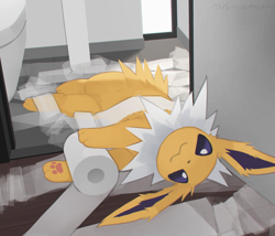 Size: 820x701 | Tagged: safe, artist:cco00oo, eeveelution, fictional species, jolteon, mammal, feral, nintendo, pokémon, 2024, 2d, :3, ambiguous gender, behaving like a cat, black nose, butt fluff, casual nudity, closed mouth, closed smile, complete nudity, cute, detailed background, digital art, dutch angle, ear fluff, ears, fluff, fur, happy, indoors, long ears, looking at you, looking up, looking up at you, lying down, multicolored body, multicolored fur, neck fluff, nudity, on side, paw pads, paws, pink paw pads, signature, silly, smiling, smiling at you, solo, solo ambiguous, thighs, toilet, toilet paper, two toned body, two toned fur, underpaw, white body, white fur, yellow body, yellow fur