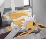 Size: 820x701 | Tagged: safe, artist:cco00oo, eeveelution, fictional species, jolteon, mammal, feral, nintendo, pokémon, 2024, ambiguous gender, behaving like a cat, black nose, detailed background, digital art, ears, fluff, fur, neck fluff, silly, solo, solo ambiguous, tail, thighs, toilet, toilet paper