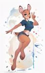 Size: 739x1200 | Tagged: safe, artist:yakovlev-vad, oc, oc only, cervid, deer, mammal, anthro, unguligrade anthro, 2024, belly button, blue eyes, bottomwear, breasts, brown body, brown fur, clothes, cloven hooves, ears, female, fur, gesture, hooves, jean shorts, shirt, short tail, shorts, solo, solo female, tail, thick thighs, thighs, topwear, v sign, wide hips