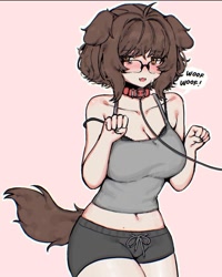 Size: 1080x1349 | Tagged: safe, artist:04119_snail, animal humanoid, canine, dog, mammal, humanoid, 2023, bottomwear, clothes, collar, ears, female, glasses, leash, shorts, solo, tail, tailed humanoid