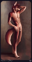 Size: 840x1600 | Tagged: suggestive, artist:ulos12, oc, oc:sangie, canine, mammal, red wolf, wolf, anthro, digitigrade anthro, 2016, animal genitalia, balls, ear piercing, earring, fur, hair, long hair, male, nudity, piercing, red body, red fur, red hair, sheath, simple background, solo, solo male, twink
