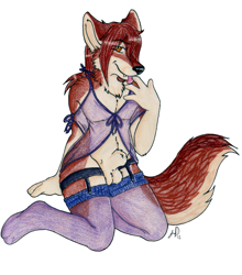 Size: 880x1000 | Tagged: suggestive, artist:angelwolf, oc, oc:sangie, canine, mammal, red wolf, wolf, anthro, plantigrade anthro, 2012, amber eyes, animal genitalia, balls, clothes, fur, hair, legwear, licking, licking fingers, lingerie, long hair, looking at you, male, nudity, red body, red fur, red hair, sheath, solo, solo male, stockings, tongue, tongue out, twink, underwear
