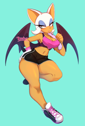 Size: 1239x1822 | Tagged: safe, artist:hibikiarts, rouge the bat (sonic), bat, mammal, anthro, sega, sonic the hedgehog (series), 2020, alternate outfit, bat wings, belly button, blue background, blue eyeshadow, bottomwear, clothes, crop top, dolphin shorts, female, fur, midriff, shorts, simple background, sneakers, solo, solo female, sports bra, sports shorts, thick thighs, thighs, topwear, webbed wings, white body, white fur, wings