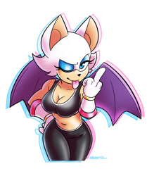 Size: 828x990 | Tagged: safe, artist:lobsteritusart, rouge the bat (sonic), bat, mammal, sega, sonic riders, sonic the hedgehog (series), 2022, bat wings, belly button, clothes, crop top, fingers, fur, middle finger, midriff, official alternate outfit, one eye closed, simple background, sports bra, topwear, vulgar, webbed wings, white background, white body, white fur, wings, winking