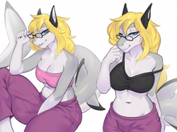 Size: 2217x1662 | Tagged: safe, artist:monian, oc, oc only, fish, shark, anthro, 2024, belly button, bottomwear, bra, breasts, cleavage, clothes, commission, crop top, detailed background, digital art, ears, eyelashes, female, fins, fish tail, glasses, hair, looking at you, pants, scales, shark tail, sitting, smiling, smiling at you, solo, solo female, tail, thighs, topwear, underwear, wide hips
