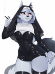 Size: 1662x2217 | Tagged: safe, artist:monian, loona (vivzmind), canine, fictional species, hellhound, mammal, anthro, hazbin hotel, helluva boss, 2024, black nose, breasts, clothes, colored sclera, digital art, ears, eyelashes, female, fur, hair, latex, legwear, nun, nun outfit, nun's habit, red sclera, simple background, solo, solo female, stockings, tail, thighs, white background, wide hips