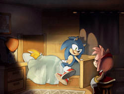 Size: 748x568 | Tagged: safe, artist:catbeecache, amy rose (sonic), miles "tails" prower (sonic), sonic the hedgehog (sonic), canine, fox, hedgehog, mammal, sega, sonic the hedgehog (series), 2020, bed, female, group, male, trio