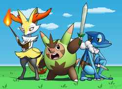 Size: 1024x750 | Tagged: safe, artist:dakkpasserida, braixen, fictional species, feral, semi-anthro, nintendo, pokémon, 2013, belt, book, bow and arrow, clothes, cloud, frogadier, group, knife, mage, middle evolution, outdoors, paladin, pixelated, plains, quilladin, reading, rogue, rpg, sky, starter pokémon, sword, trio, weapon