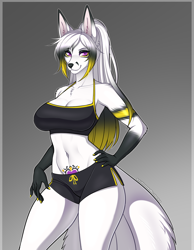 Size: 1000x1290 | Tagged: safe, artist:kitsunewaffles, oc, oc only, canine, fox, mammal, anthro, 2024, belly button, black nose, bottomwear, breasts, clothes, commission, crop top, detailed background, digital art, ears, eyelashes, female, fur, hair, shorts, simple background, solo, solo female, sports bra, sports shorts, tail, thighs, topwear, vixen, wide hips, womb tattoo