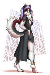 Size: 1567x2351 | Tagged: safe, artist:mykegreywolf, oc, oc only, canine, dog, husky, mammal, anthro, digitigrade anthro, 2024, black nose, bottomwear, breasts, clothes, commission, digital art, dress, ears, eyelashes, female, fur, hair, looking at you, rear view, sideboob, simple background, solo, solo female, tail, thighs, wide hips