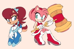 Size: 890x589 | Tagged: safe, artist:shira-hedgie, amy rose (sonic), princess sally acorn (sonic), chipmunk, hedgehog, mammal, rodent, anthro, archie sonic the hedgehog, sega, sonic the hedgehog (series), 2024, blue eyes, boots, clothes, eyelashes, female, footwear, fur, gloves, green eyes, hair, high heels, piko piko hammer, pink body, pink fur, ponytail, red body, red dress, red fur, redesign, shoes, simple background, smiling, solo, solo female, tail