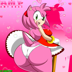 Size: 5120x5160 | Tagged: suggestive, artist:nobody147, amy rose (sonic), animal humanoid, fictional species, hedgehog, mammal, anthro, humanoid, sega, sonic the hedgehog (series), 2015, big breasts, big butt, bottomwear, breasts, butt, clothes, frilly underwear, fur, green eyes, hair, hammer, heart background, panties, pink body, pink fur, pink hair, sideboob, skirt, thick thighs, thighs, underwear, upskirt, white panties