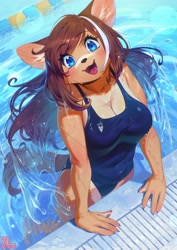 Size: 2894x4093 | Tagged: safe, artist:aruurara, canine, dog, mammal, anthro, 2024, adorasexy, big breasts, big butt, blue eyes, breasts, brown hair, butt, cleavage, clothes, cute, female, hair, kemono, looking at you, one-piece swimsuit, open mouth, open smile, partially submerged, pool, sexy, smiling, smiling at you, solo, solo female, swimsuit, tail, thick thighs, thighs, water, wide hips