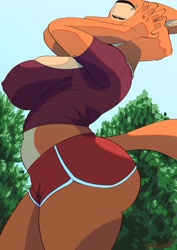 Size: 2892x4096 | Tagged: suggestive, artist:toonar, diane foxington (the bad guys), canine, fox, mammal, anthro, dreamworks animation, the bad guys, 2024, big butt, bottomwear, breasts, butt, clothes, crop top, eyes closed, female, huge breasts, nipple outline, shirt, shorts, solo, solo female, sports shorts, tail, thick thighs, thighs, topwear, wide hips