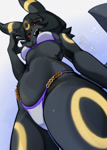 Size: 750x1048 | Tagged: safe, artist:chickenpres, eeveelution, fictional species, mammal, umbreon, anthro, nintendo, pokémon, 2024, bikini, black body, black hair, bottom view, breasts, cleavage, clothes, colored sclera, female, hair, looking at you, looking down, looking down at you, low angle, red sclera, solo, solo female, swimsuit, tail, thick thighs, thighs, wide hips