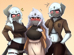 Size: 1000x750 | Tagged: safe, artist:fredory, oc, oc only, absol, fictional species, mammal, anthro, nintendo, pokémon, 2022, belly button, blushing, bottomwear, clothes, crop top, female, females only, fur, glasses, gray body, gray fur, hand in pocket, hand on hip, midriff, red eyes, round glasses, short shorts, shorts, topwear, trio, trio female