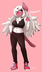 Size: 700x1200 | Tagged: safe, artist:fredory, oc, oc only, absol, fictional species, mammal, mega absol, mega pokémon, shiny pokémon, anthro, nintendo, pokémon, 2022, belly button, character name, clothes, crop top, female, fur, hair, hand on hip, long hair, midriff, pink background, red body, red fur, red shoes, simple background, sneakers, solo, solo female, text, topwear, white hair