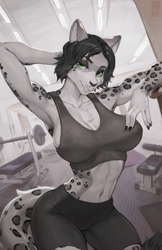 Size: 1615x2500 | Tagged: safe, artist:refegi, oc, oc only, big cat, feline, mammal, snow leopard, anthro, 2024, belly button, black nose, bottomwear, breasts, clothes, commission, detailed background, digital art, ears, eyelashes, female, fur, gym, hair, shorts, solo, solo female, sports bra, sports shorts, tail, thighs, topwear, wide hips