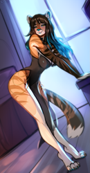 Size: 675x1300 | Tagged: safe, artist:zetsuboucchi, oc, oc only, big cat, feline, mammal, tiger, anthro, digitigrade anthro, 2024, belly button, black nose, bottomwear, breasts, clothes, commission, detailed background, digital art, dress, ears, eyelashes, female, fur, hair, looking at you, pose, solo, solo female, tail, thighs, wide hips, ych result