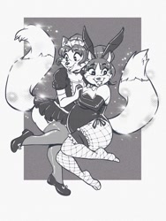 Size: 960x1280 | Tagged: safe, artist:jamilsart, canine, fox, mammal, anthro, big breasts, big butt, breasts, butt, chubby anthro, chubby female, cleavage, duo, female, magic aura, open mouth, open smile, slightly chubby, smiling, thick thighs, thighs, vixen, wide hips