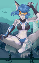 Size: 800x1283 | Tagged: safe, artist:shakumi, oc, oc only, fish, shark, anthro, digitigrade anthro, 2019, aquarium, belly button, bikini, breasts, building, city, clothes, commission, detailed background, digital art, ears, evening gloves, eyelashes, female, fins, fish tail, giantess, glasses, gloves, hair, long gloves, macro, pose, scales, shark tail, solo, solo female, sunglasses, swimsuit, tail, thighs, underwater, water, wide hips