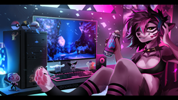 Size: 2000x1125 | Tagged: safe, artist:littlefreckles, oc, oc only, canine, mammal, wolf, anthro, digitigrade anthro, 2024, black nose, bottomwear, breasts, chair, clothes, computer, detailed background, digital art, ears, eyelashes, female, fur, hair, headphones, headwear, legwear, monitor, paw pads, paws, shorts, sitting, solo, solo female, sports bra, sports shorts, stockings, tail, thighs, topwear, wide hips