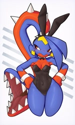 Size: 1537x2560 | Tagged: safe, artist:mawaifu, fictional species, garchomp, hybrid, mawile, anthro, nintendo, pokémon, 2023, breasts, clothes, detailed background, digital art, ears, eyelashes, female, hair, leotard, open mouth, scales, sharp teeth, solo, solo female, tail, teeth, thighs, tongue, wide hips
