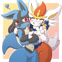 Size: 1500x1500 | Tagged: safe, artist:acky05_wolf, cinderace, fictional species, lucario, mammal, semi-anthro, nintendo, pokémon, 1:1, 2020, 2d, ambiguous gender, ambiguous only, belly button, blush lines, blushing, border, crossed arms, digital art, double outline, duo, duo ambiguous, ears, eyelashes, fur, gradient background, hair, simple background, slit pupils, starter pokémon, tail, thick thighs, thighs, unamused, white border, wide hips