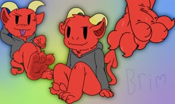 Size: 1280x756 | Tagged: suggestive, artist:rabbitwarrior, demon, fictional species, imp, cute, fetish, foot fetish, foot focus, implied foot worship, male, soles, sweaty feet, toes