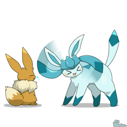 Size: 960x960 | Tagged: safe, artist:tontaro, eevee, eeveelution, fictional species, glaceon, mammal, feral, nintendo, pokémon, 2024, 2d, 2d animation, ambiguous gender, ambiguous only, animated, black nose, digital art, dipstick tail, duo, duo ambiguous, ears, eyes closed, fluff, fur, gif, head shake, neck fluff, open mouth, paws, simple background, sitting, tail, thighs, tongue, white background