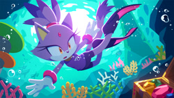 Size: 1449x815 | Tagged: safe, artist:uno yuuji, official art, big the cat (sonic), blaze the cat (sonic), cat, feline, mammal, sega, sonic rush adventure, sonic the hedgehog (series), 2023, air buddies, bubbles, clothes, coral, coral reef, duo, duo male and female, female, forehead gem, fur, gem, gloves, lifebuoy, male, open mouth, purple body, purple fur, shipwreck, sol emerald, swimming, tail, underwater, water, yellow eyes