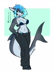 Size: 2160x2970 | Tagged: safe, artist:ambris, oc, oc only, oc:erika (ambris), fish, shark, anthro, 2024, bikini, blue hair, bottomwear, breasts, cleavage, clothes, female, fins, fish tail, hair, pants, shark tail, solo, solo female, swimsuit, tail, tail fin