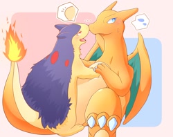 Size: 2048x1619 | Tagged: safe, artist:m0fuch4, charizard, fictional species, typhlosion, anthro, nintendo, pokémon, 2024, ambiguous gender, blushing, fire, nose boop, starter pokémon, tail, wings