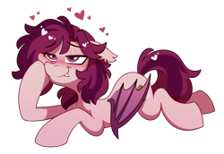 Size: 2250x1550 | Tagged: safe, artist:crimmharmony, oc, oc only, oc:crimm harmony, bat pony, equine, fictional species, mammal, pony, feral, friendship is magic, hasbro, my little pony, 2024, bat wings, blushing, ears laid back, female, folded wings, hair, heart, heart eyes, hoof on cheek, lying down, mane, mare, prone, simple background, smiling, solo, solo female, tail, transparent background, webbed wings, wingding eyes, wings