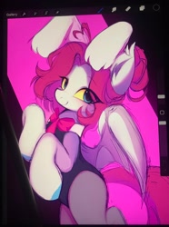 Size: 1526x2048 | Tagged: safe, artist:lerkfruitbat, oc, oc only, bat pony, equine, fictional species, mammal, pony, feral, friendship is magic, hasbro, my little pony, 2024, bipedal, blue eyes, bow, bow tie, bunny ears, bunny suit, clothes, colored sclera, ear fluff, eye through hair, eyebrow through hair, eyebrows, female, fluff, hair, mane, mare, pink hair, pink mane, pink tail, playboy bunny, smiling, solo, solo female, tail, work in progress, yellow sclera