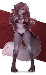 Size: 1507x2445 | Tagged: suggestive, artist:xchaiteakittenx, oc, oc only, canine, fictional species, hellhound, mammal, anthro, 2024, absolute cleavage, baseball bat, belly button, belly button piercing, bikini, black nose, breasts, bubblegum, cleavage, clothes, commission, ear piercing, female, gray hair, gray tail, hair, looking at you, midriff, nose piercing, orange eyes, piercing, scar, solo, solo female, spiked wristband, swimsuit, tail, underwear, wristband
